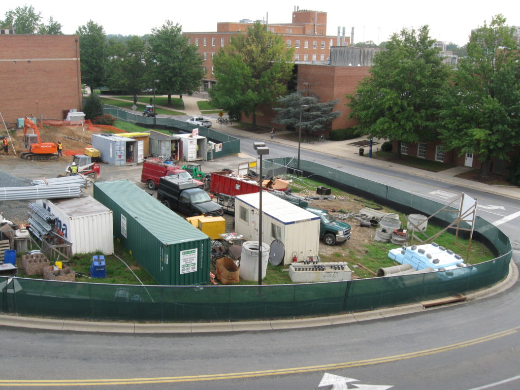 Figure 4. A construction site entrance showing good fire apparatus access and the trailers containing information on the building and site hazards. Photo by author.